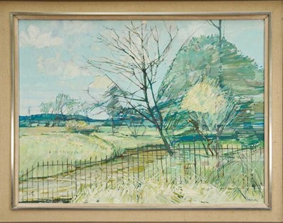 Lot 864 - Anthony Atkinson (1929-2014) oil on canvas - Fence and Stream, signed, 76cm x 102cm, framed