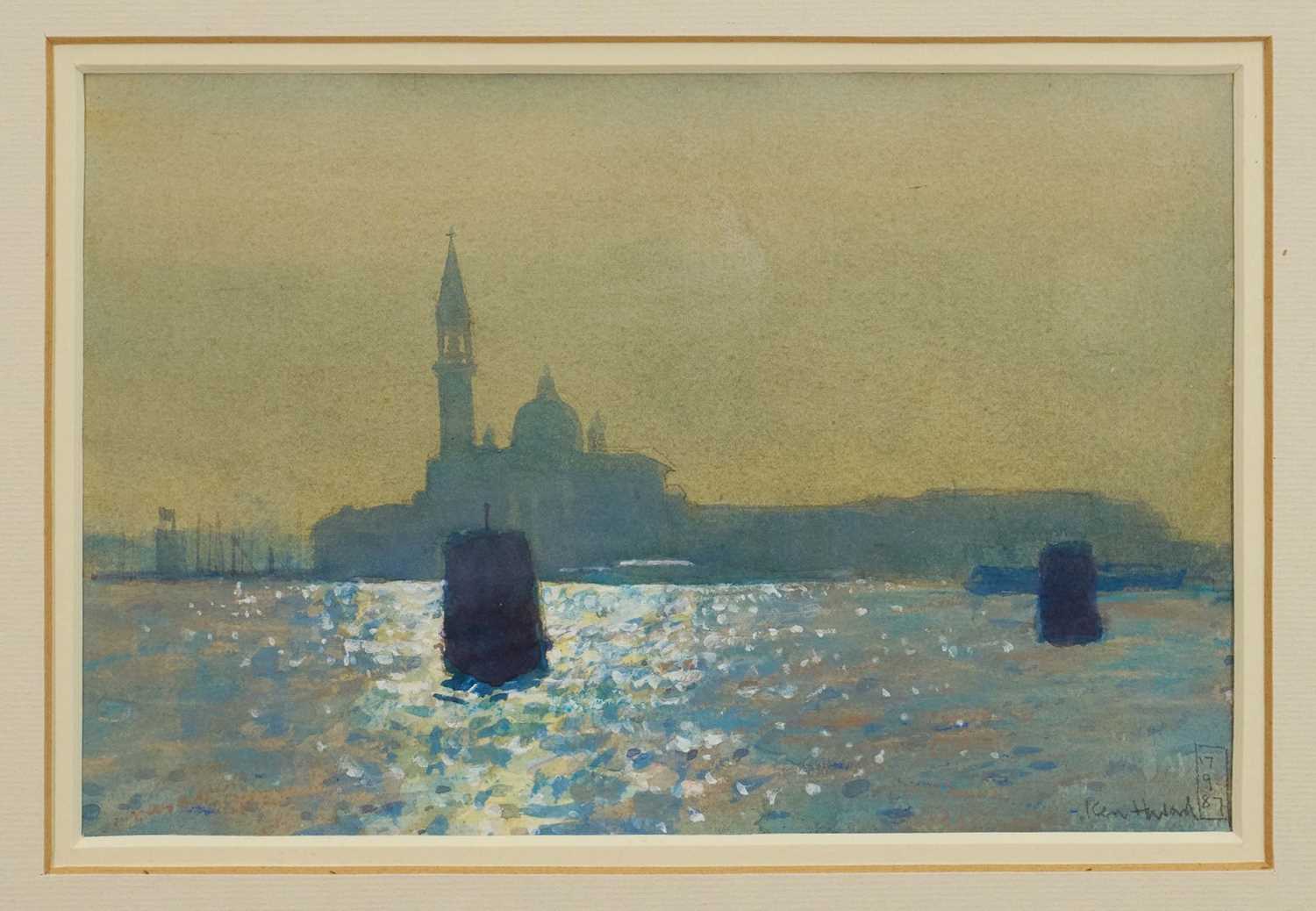Lot 1001 - *Ken Howard (1932-2022) watercolour - San Giorgio, Venice, signed and dated 17.9.87, 17.5cm x 26cm, in glazed frame