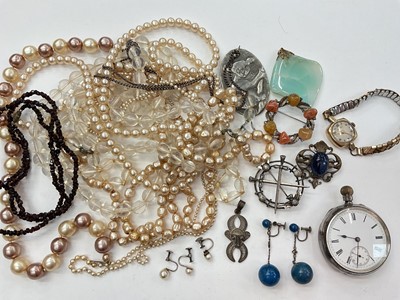 Lot 1032 - 9ct gold cased Vertex ladies' wristwatch on plated bracelet, Victorian silver pocket watch, antique garnet bead necklace and other costume jewellery