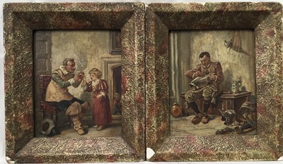 Lot 186 - A.D. Late 19th century, pair of oils on panel, child lighting her father's pipe, and a squire cleaning his master's armour. A both monogrammed. Each 16 x 13cm.                        ...