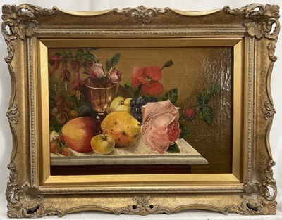 Lot 258 - English School 19th century, oil on canvas, fruit and roses on a marble topped table, in gilt frame, 23 x 33cm.