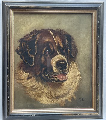 Lot 250 - Late Victorian School, oil on board, study of a St. Bernard Dog, initialled R.H., 27cm x 22cm, framed.