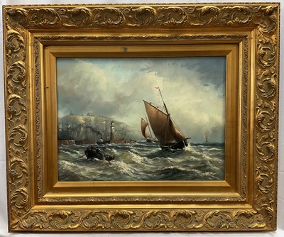 Lot 252 - Michael Payne (20th century), oil on board, Fishing vessels by a harbour entrance, signed, in gilt frame, 29 x 39cm.