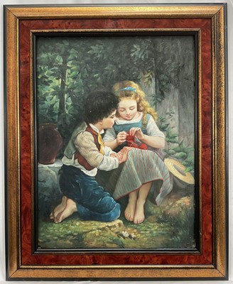 Lot 256 - English School 20th century, oil on copper, two children seated on the ground under trees, in painted gilt frame. 40 x 30cm.