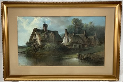 Lot 183 - Edward Robert Smythe (1810 - 1899) pastels, country scene with cottages by a stream, signed in gilt frame, 33 x 46cm.