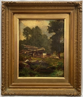 Lot 260 - English School (circa 1850) oil on canvas, woodland scene with a horse-drawn log wagon by a stream, in original gilt frame, 24 x 19cm.