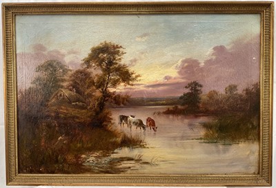 Lot 259 - English School 19th century, oil on canvas, an extensive river landscape with cattle watering by a cottage in the foreground, in gilt frame, 49 x 74cm.                                ...
