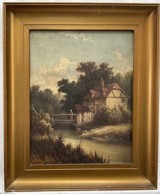 Lot 251 - Tom Seymour (1844 - 1904) oil on canvas, an old lady on a wooden bridge over a stream by a cottage, signed, in gilt frame, 45 x 34cm.