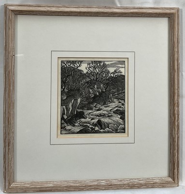 Lot 103 - Gwendolen Raverat (1885-1957) woodcut - 'Trout Stream I', for the dust jacket of 'Loved River' by H.R.Jukes, published 1935, 12cm x 11cm, mounted in limed oak glazed frame