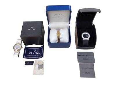 Lot 1148 - Gentlemen's Bulova bi-metal stainless steel quartz wristwatch, ladies' Seiko gold plated wristwatch and Universal Titanium quartz wristwatch, all boxed (3)