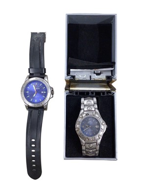 Lot 1149 - Chevrolet stainless steel wristwatch with a blue dial on a black rubber strap together with a stainless steel Slazenger wristwatch with box (2)