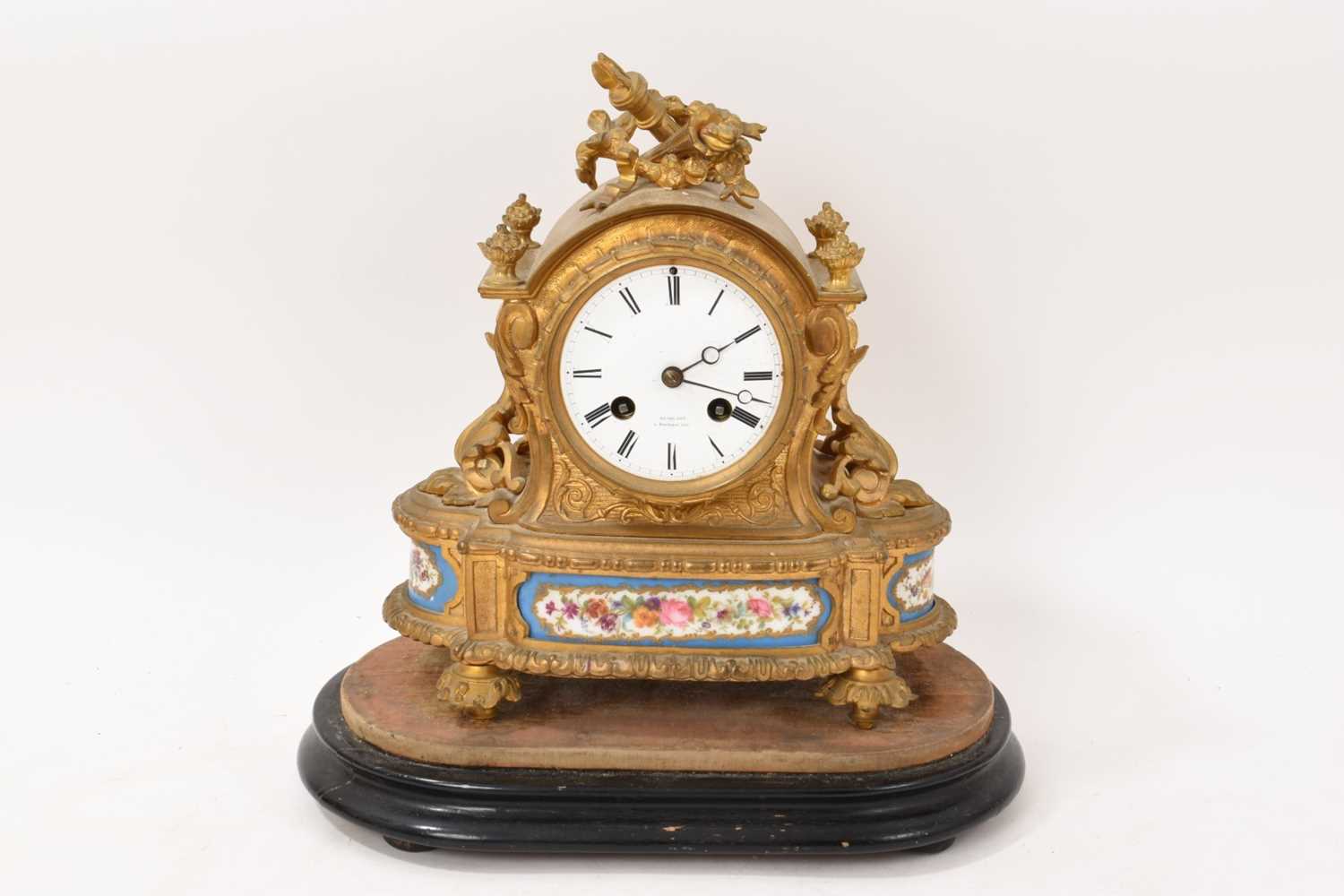 Lot 634 - 19th century French gilt brass mantel clock with inset porcelain panels