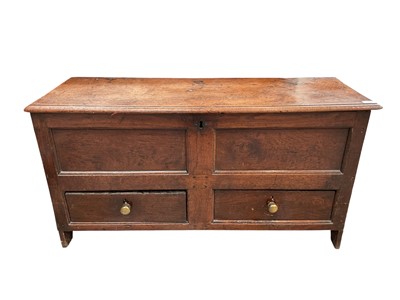 Lot 1263 - 18th century oak coffer with rising lid and two drawers below, 110cm wide x 36cm deep x 57cm high