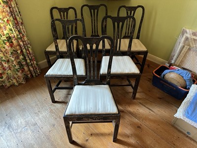 Lot 1265 - Set of six Georgian black Chinoiserie dining chairs with pierced shaped splats, drop-in seats, on square legs joined by stretchers