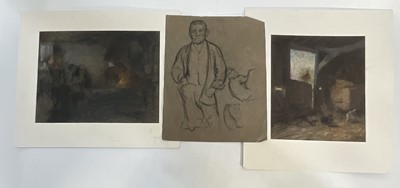 Lot 17 - Manner of Becker, two pastels, Barn door with chickens and Blacksmiths with milking sketch verso, and another sketch, all unframed (3)