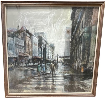 Lot 111 - Large 20th century pastel of an American street scene, 117cm x 117cm, glazed frame