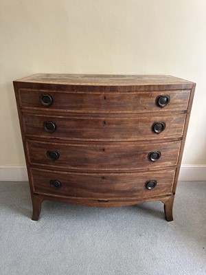 Lot 1268 - George III mahogany bow front chest of four long drawers with cross banded top, on splayed bracket feet, later handles, 91.5cm wide x 50.5cm deep x 89cm high