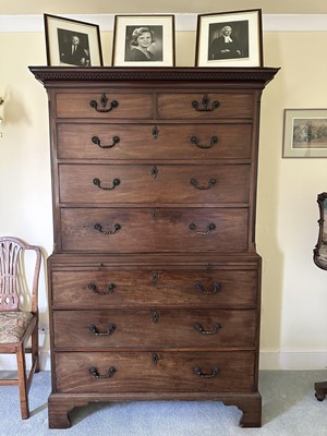 Lot 1269 - George III mahogany chest on chest with Greek key cornice and brushing slide