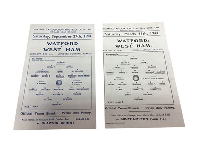Lot 323 - Watford v West Ham team sheets September 27th 1941, March 11th 1944 (2)