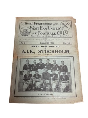 Lot 328 - West Ham v A.I.K. Stockholm November 26th 1934