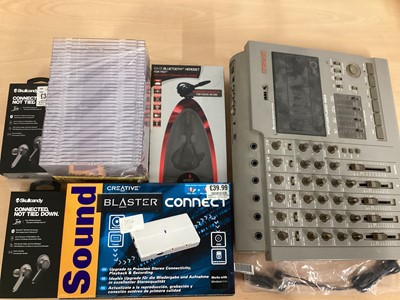 Lot 696 - Selection of music related equipment including guitar & music stands (2 boxes)