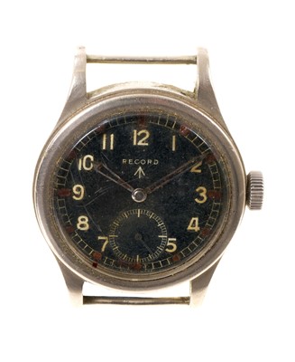Lot 533 - WWII military issue wrist watch by Record, with black dial and broad arrow markings