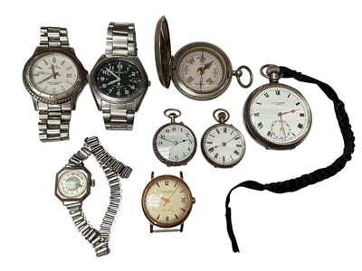Lot 63 - 1930s silver cased J.W. Benson pocket watch, two silver fob watches, other wristwatches and a WWI Dennison compass