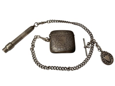 Lot 64 - Silver watch chain with a silver fob, silver vesta case and a Sampson Mordan silver propelling pencil (inside missing)
