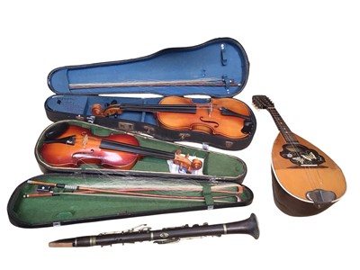 Lot 2206 - Italian barrel back mandolin, together with two modern violins, cased