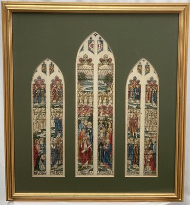 Lot 133 - Fine antique watercolour of three stained glass window panels, St John the Baptist, He shewed me a pure river of water of life, clear as crystal proceeding out of the Throne of God and of the Lamb'