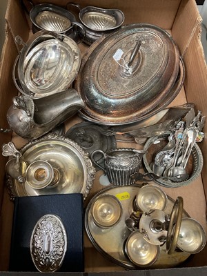 Lot 316 - Group of silver plate including a chamber stick, egg cruet set, oval tureen with cover etc
