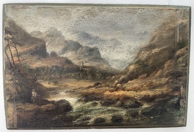 Lot 201 - English School, 19th century, oil on panel - Mountainous River Landscape, 17.5cm x 24.5cm, unframed