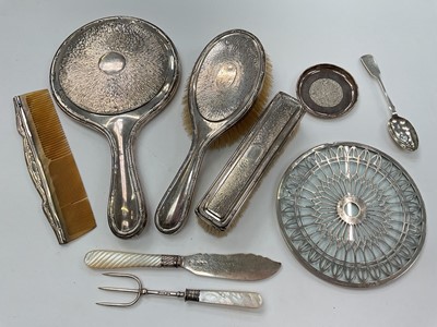 Lot 1038 - Silver mounted four piece dressing table set, together with other silver items