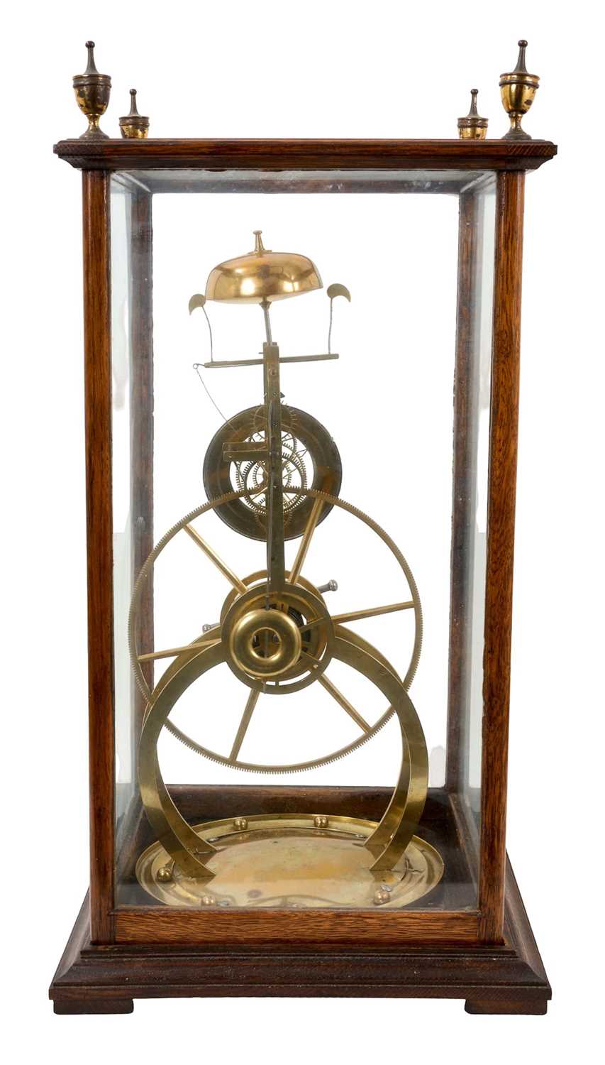 Lot 630 - Victorian / Edwardian skeleton clock with brass frame, unusual sprung movement, white enamel dial, striking on bell on circular base 47cm high