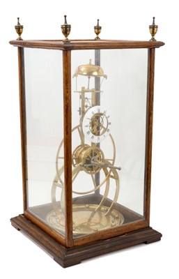 Lot 630 - Victorian / Edwardian skeleton clock with brass frame, unusual sprung movement, white enamel dial, striking on bell on circular base 47cm high