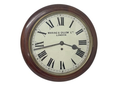 Lot 628 - Edwardian kitchen wall dial retailed by Waring & Gillow, London with sprung movement in mahogany fronted circular case 40cm, key and pendulum present