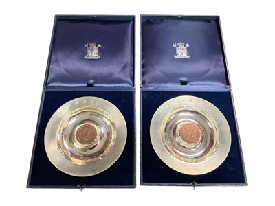 Lot 25 - Pair of Royal Mint Armada style silver dishes inset with George III cartwheel pennies