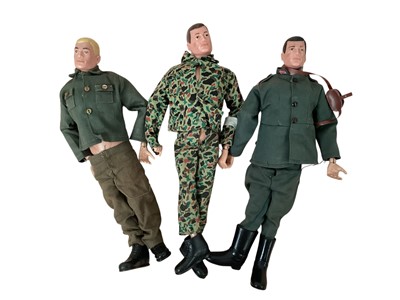 Lot 672 - Seven painted head Action Man action figures with rigid hands (one missing) and later Tommy Gun and Marx action figures (9 total)