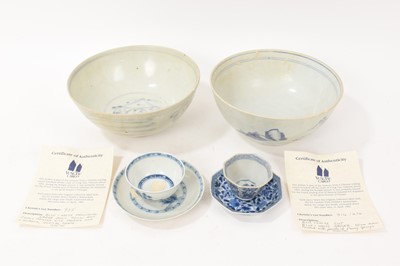Lot 44 - Group of Chinese blue and white cargo porcelain, including a Vung Tau tea bowl, saucer and larger bowl with certificates, a Nanking tea bowl and saucer and larger bowl (6)