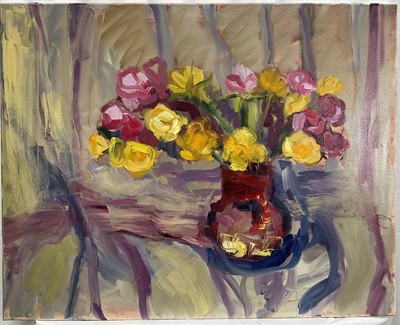 Lot 156 - Annelise Firth (b. 1961) oil on canvas, Pink and Yellow Tulips, signed titled and dated 2025, 60cm x 75cm, unframed