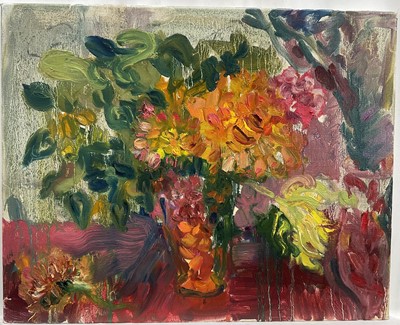 Lot 160 - Annelise Firth (b. 1961) oil on canvas, Dahlias with Dried Lavender, signed titled and dated 2024, 40cm x 50cm, unframed