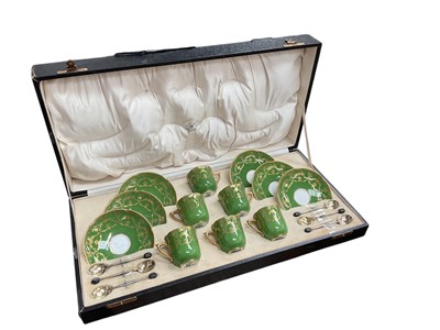 Lot 191 - Good quality 1920's Royal Doulton six place coffee set, together with six silver coffee spoons, (Sheffield 1927), in a fitted Mappin & Webb box.