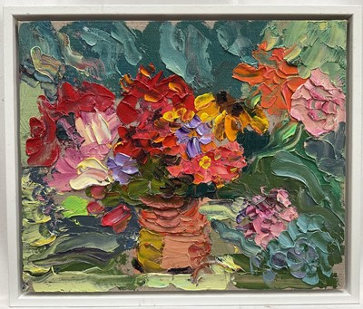 Lot 165 - Annelise Firth (b. 1961) oil on board, Dahlias and Other Flowers, signed titled and dated 2024, 25cm x 30cm, framed