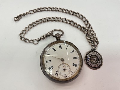 Lot 1016 - Victorian silver pocket watch (Chester 1889) with a silver watch chain and silver swimming fob
