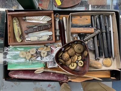 Lot 103 - Box of pens, penknives, military buttons, badges, etc