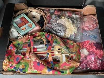 Lot 48 - Two boxes of mixed linen and lace, two boxes of material, two boxes of vintage sewing items, and one box of vintage baby clothes (7 boxes)