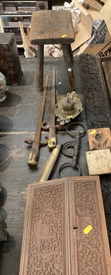 Lot 158 - Jacobean carved oak panel, together with an Indian sandalwood writing slope, rustic stool, two bayonets and sundries