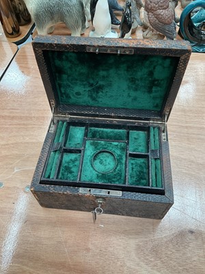 Lot 14 - Victorian leather jewellery box with original fitted green velvet interior and Bramah lock with key