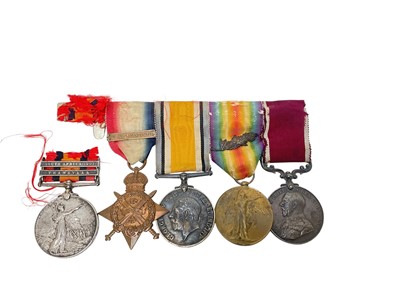 Lot 651 - Boer War / First World War medal group comprising Queen's South Africa medal with two clasps Transvaal and South Africa 1902 named to 7082 PTE. T. J. Parmenter. Essex. Regt., 1914 'Mons' Star wi...