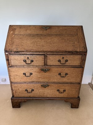 Lot 1271 - George III light oak bureau with fitted interior above two short and two long drawers, on bracket feet, 84cm wide x 50cm deep x 99cm high